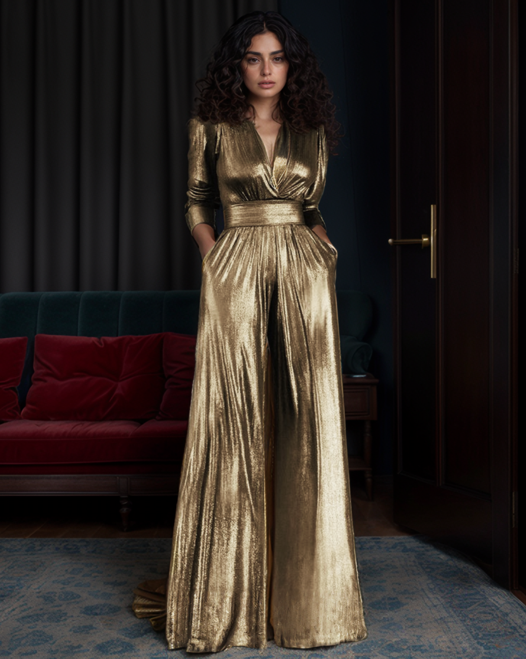 A person wearing a gold metallic vintage jumpsuit with a flattering wrap V-neck and flared pants, standing in a room with elegant decor.