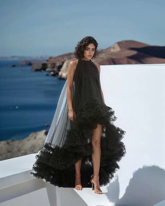LUXE Tulle Ruffle Drama Black Gown