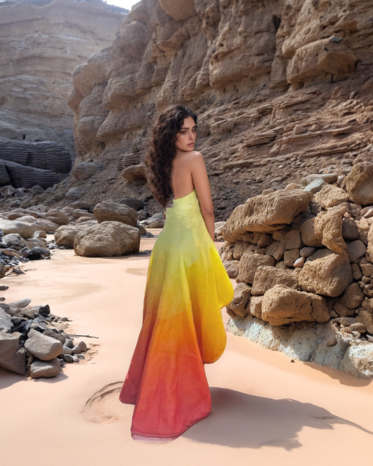 Ombre Yellow Orange Pastel Strapless Dress