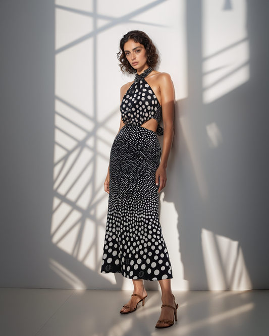 Woman wearing a black and white polka dot dress standing against a wall with sunlight casting shadows.