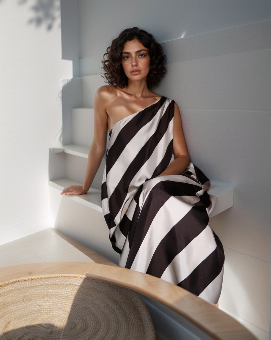 Woman wearing a black and white striped dress sitting on a white wall.