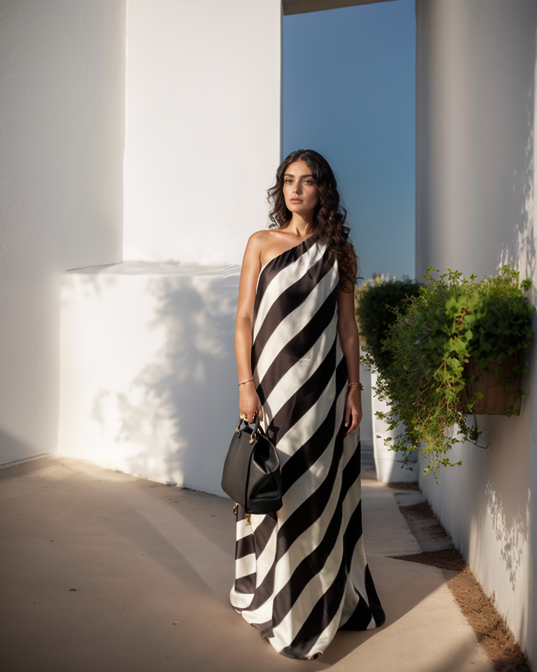 Woman in a black and white striped dress standing against a white wall with a blue sky.