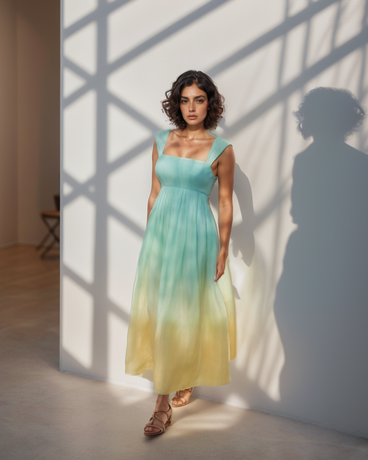 Woman wearing a gradient dress standing in a room with light filtering through a window.