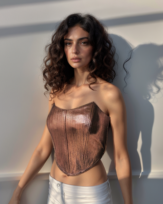 Woman wearing a metallic champagne gold strapless corset and white pants against a light background