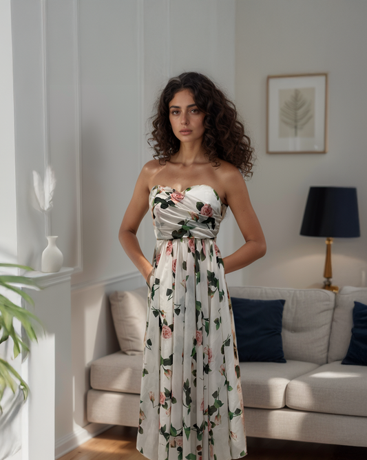 Woman in a floral dress standing in a living room.