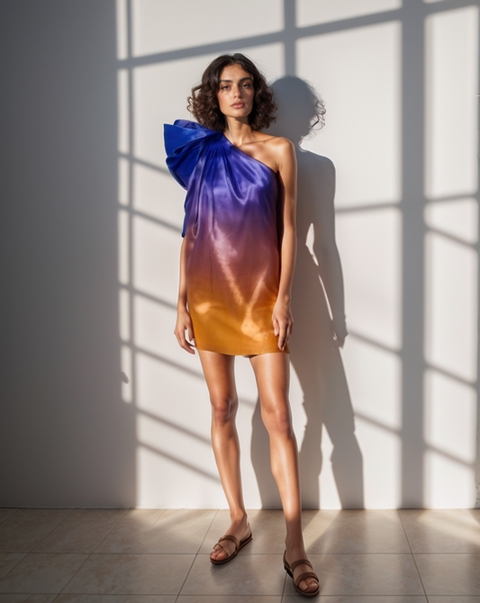 Woman wearing a ombre blue orange dress standing in front of a window with sunlight casting shadows.