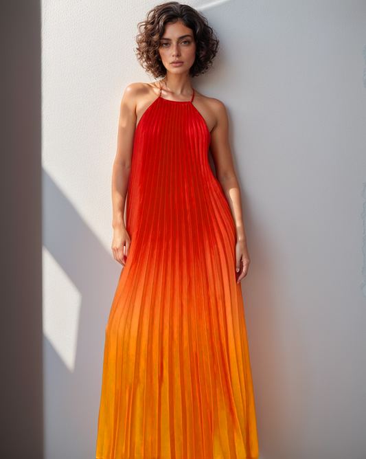 CLEARANCE - Ombre Pleated Red Yellow Spaghetti Maxi