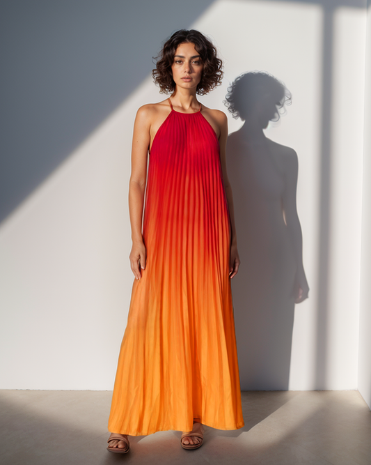 CLEARANCE - Ombre Pleated Red Yellow Spaghetti Maxi