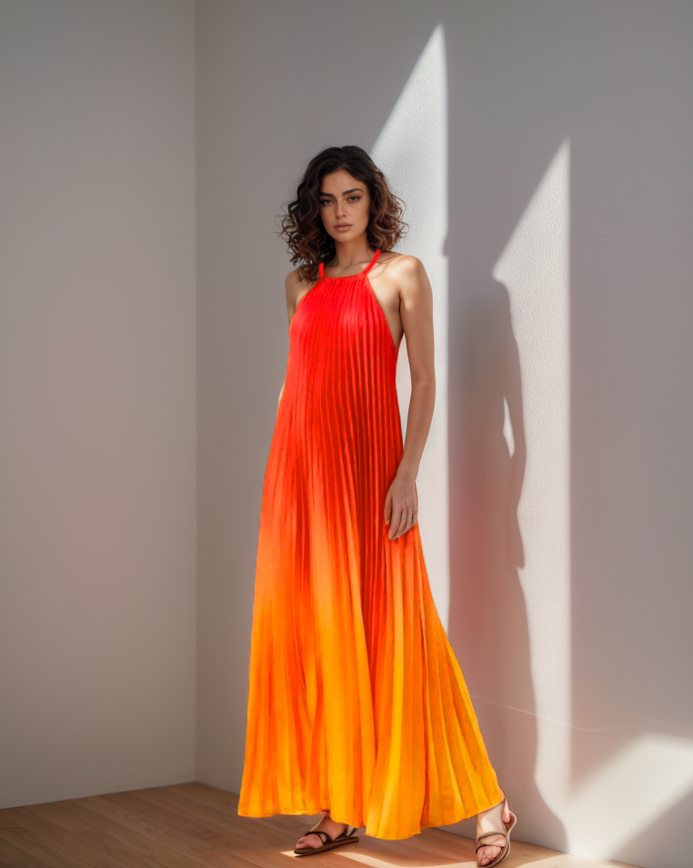 CLEARANCE - Ombre Pleated Red Yellow Spaghetti Maxi