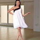CLEARANCE - Black White Pleated One Shoulder Dress