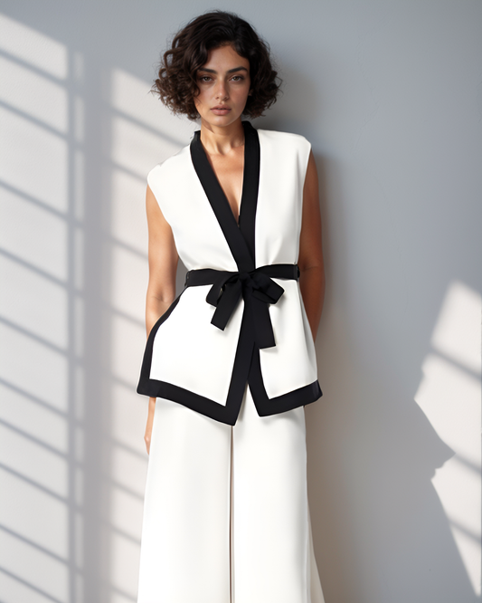 Woman wearing a white sleeveless top with black trim and a black belt, standing against a gray wall.