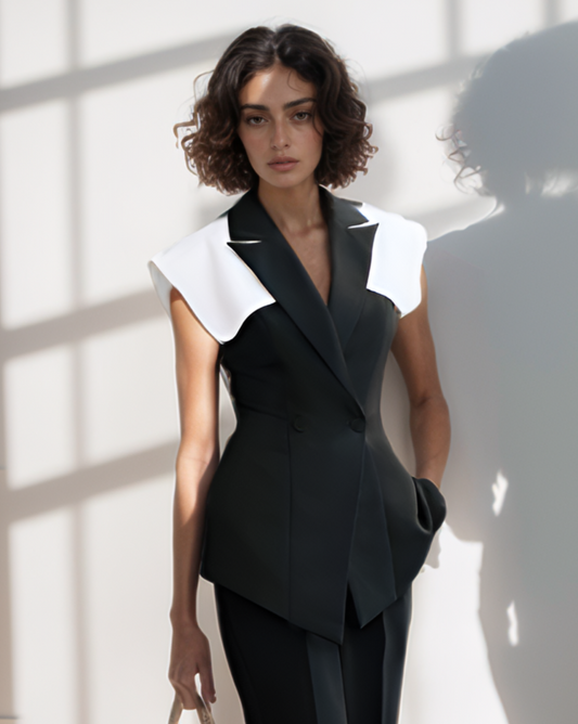 Woman in a black and white outfit standing in a sunlit room with shadows on the wall.