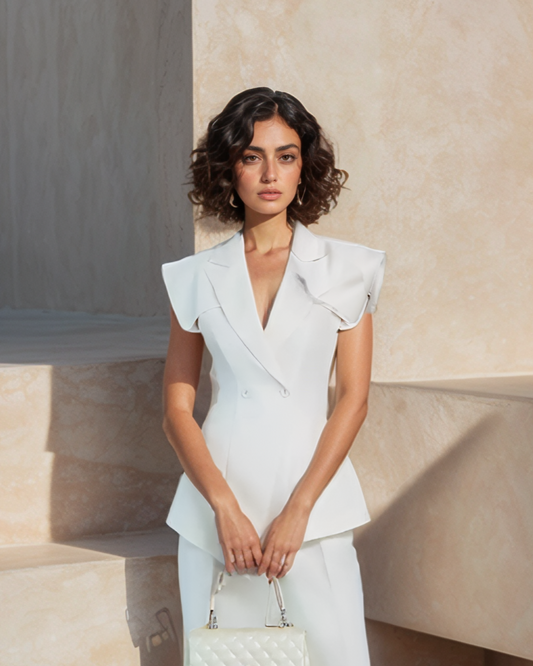 Woman in a white outfit holding a white handbag against a beige wall.