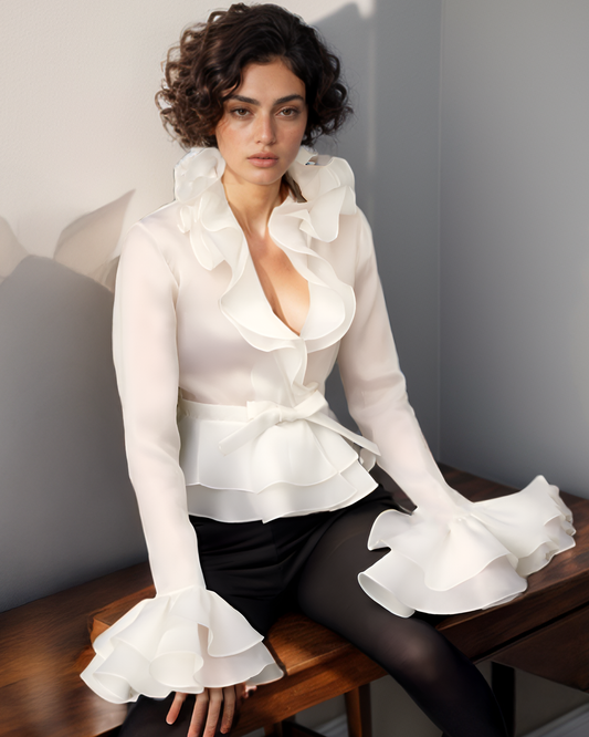 White Double Ruffle Wrap Top