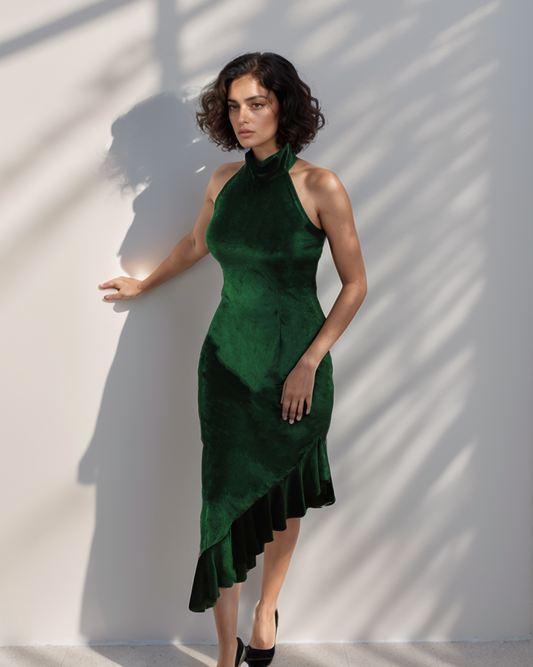 Emerald Velvet Ruffle Dress