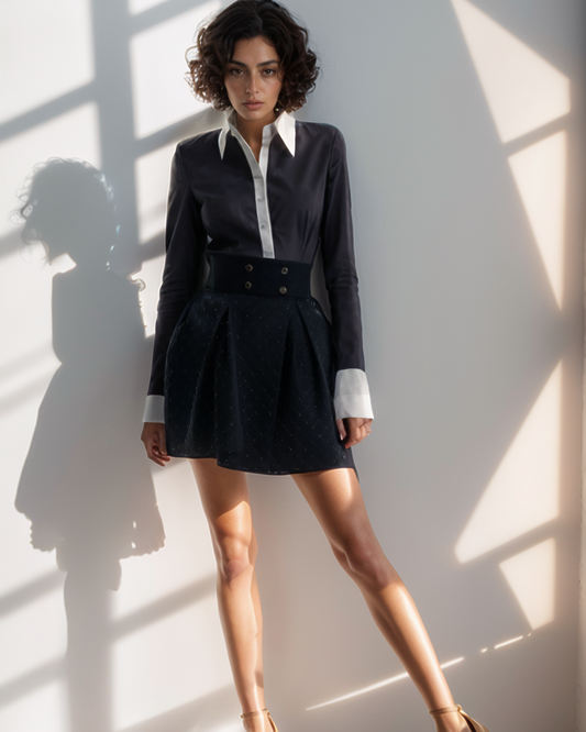 Woman in a black outfit with a white shirt, standing against a light wall.