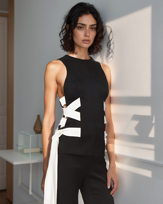 Black White Side Tie Top