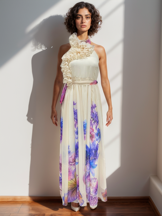 FlowerPaint Ruffle Halter Gown