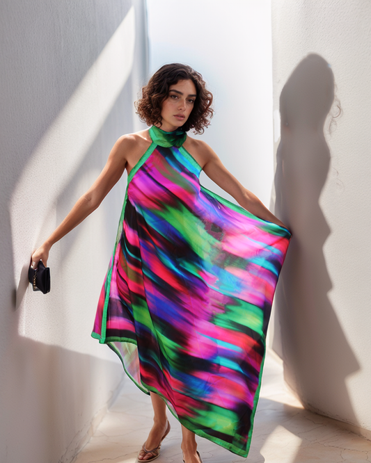 Woman wearing a colorful dress against a white wall