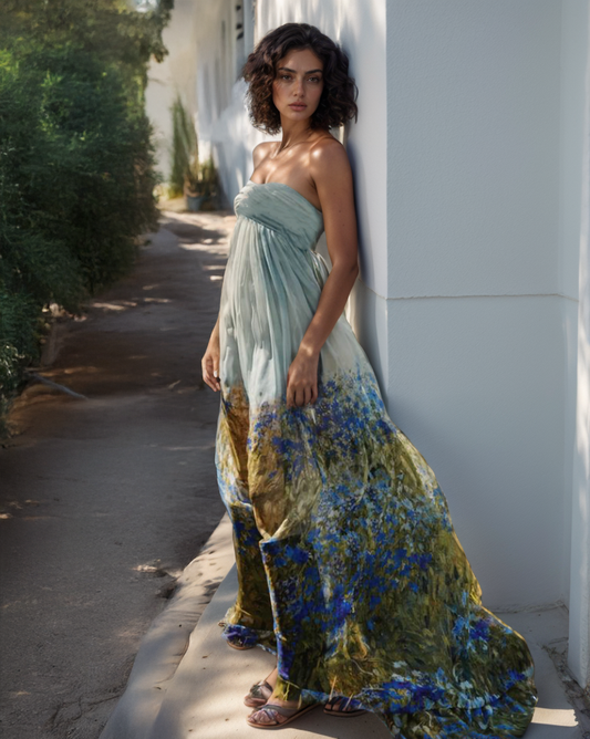 Woman in a floral dress leaning against a white wall outdoors