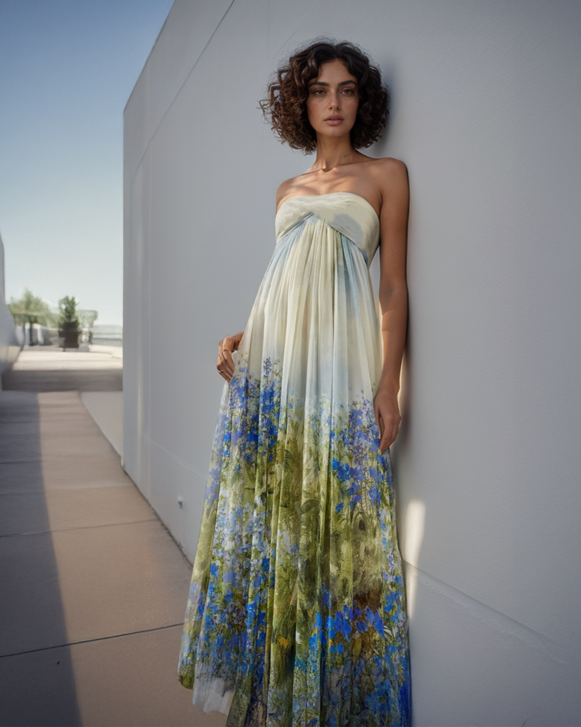 Woman wearing a strapless floral dress against a white wall.