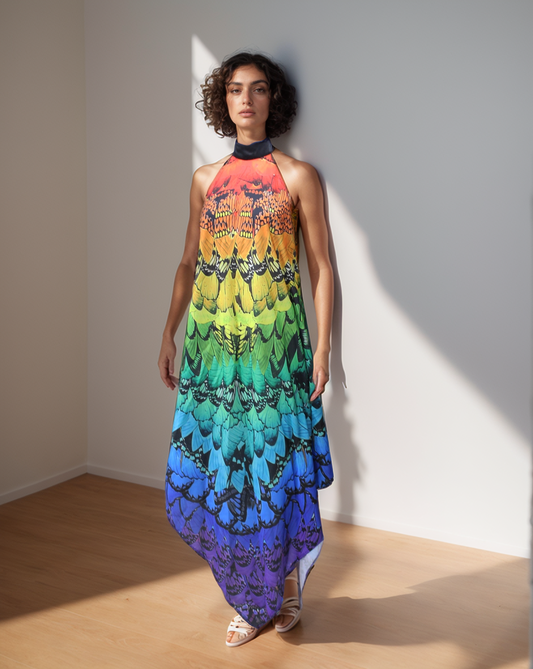 Model wearing a colorful dress with a gradient pattern in a minimal setting