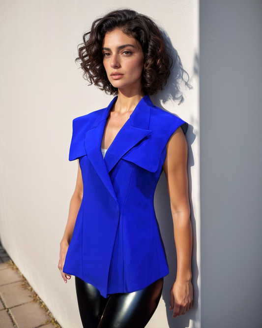 Woman wearing a bright blue sleeveless top against a light wall.