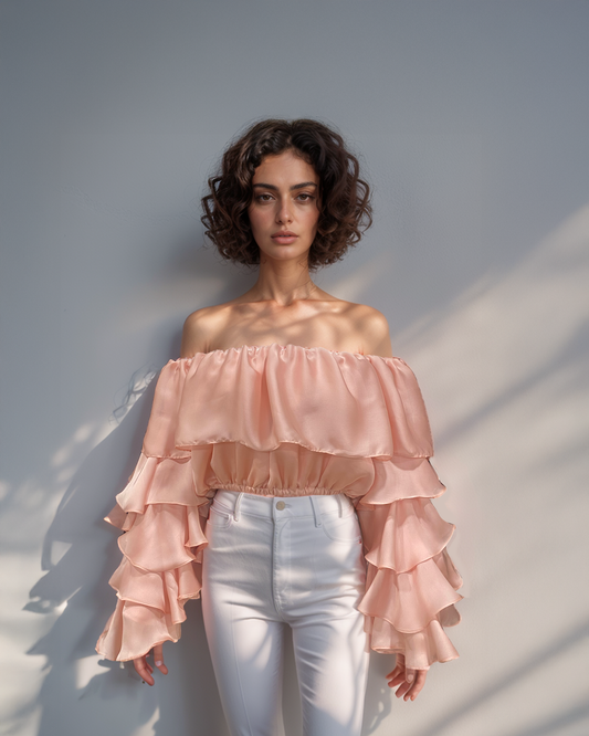 Coral Ruffle Sleeve Drama Top