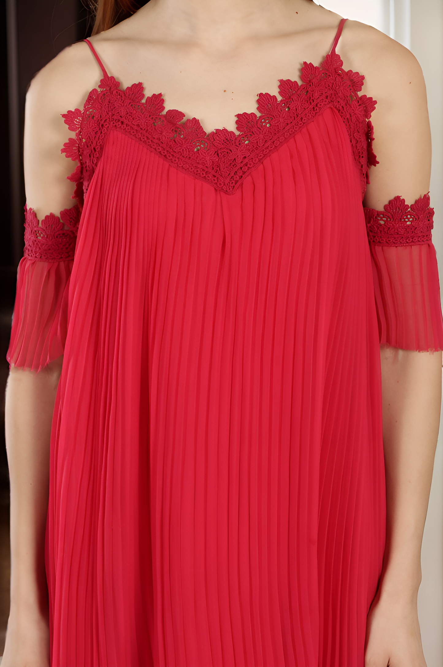 CLEARANCE - Red Cold-Shoulder Lace Dress