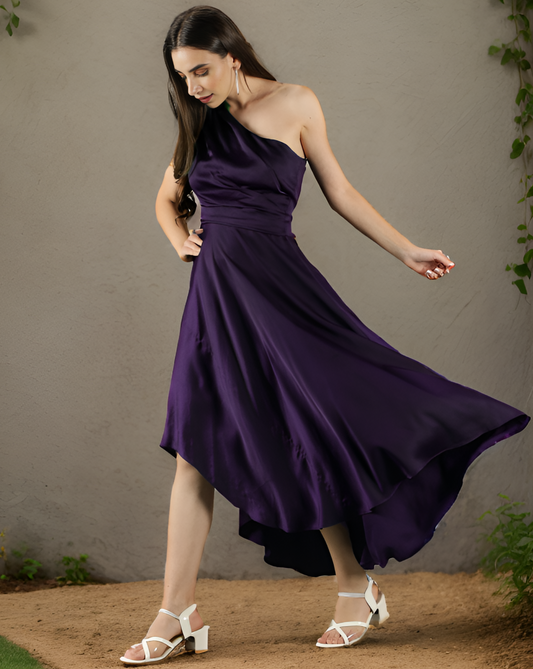 CLEARANCE - Wine One Shoulder Asymmetric Dress