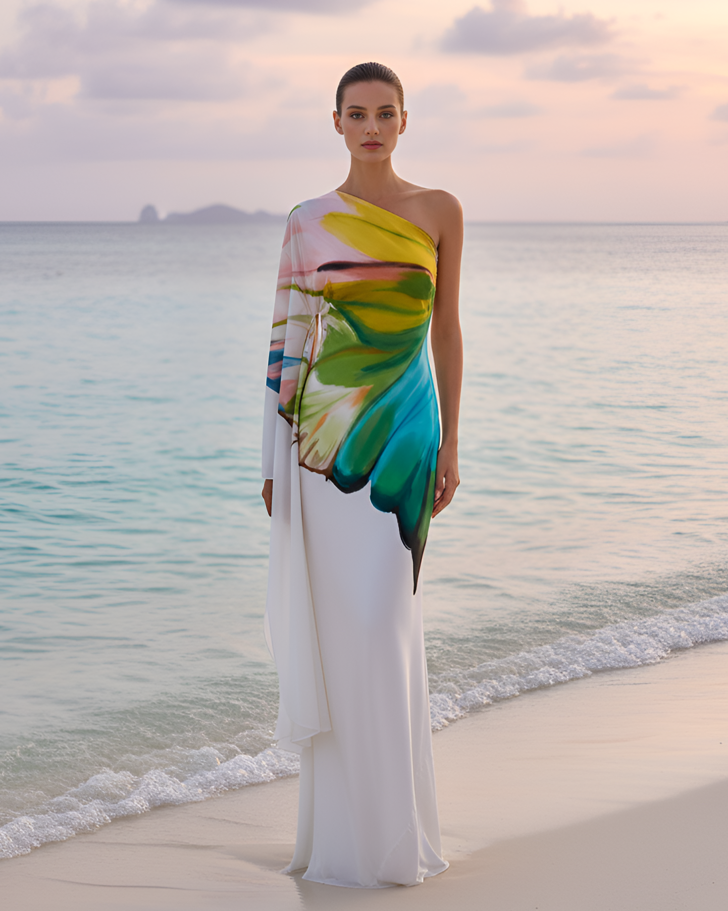 Woman in a colorful one-shoulder dress standing on a beach with ocean and sky in the background
