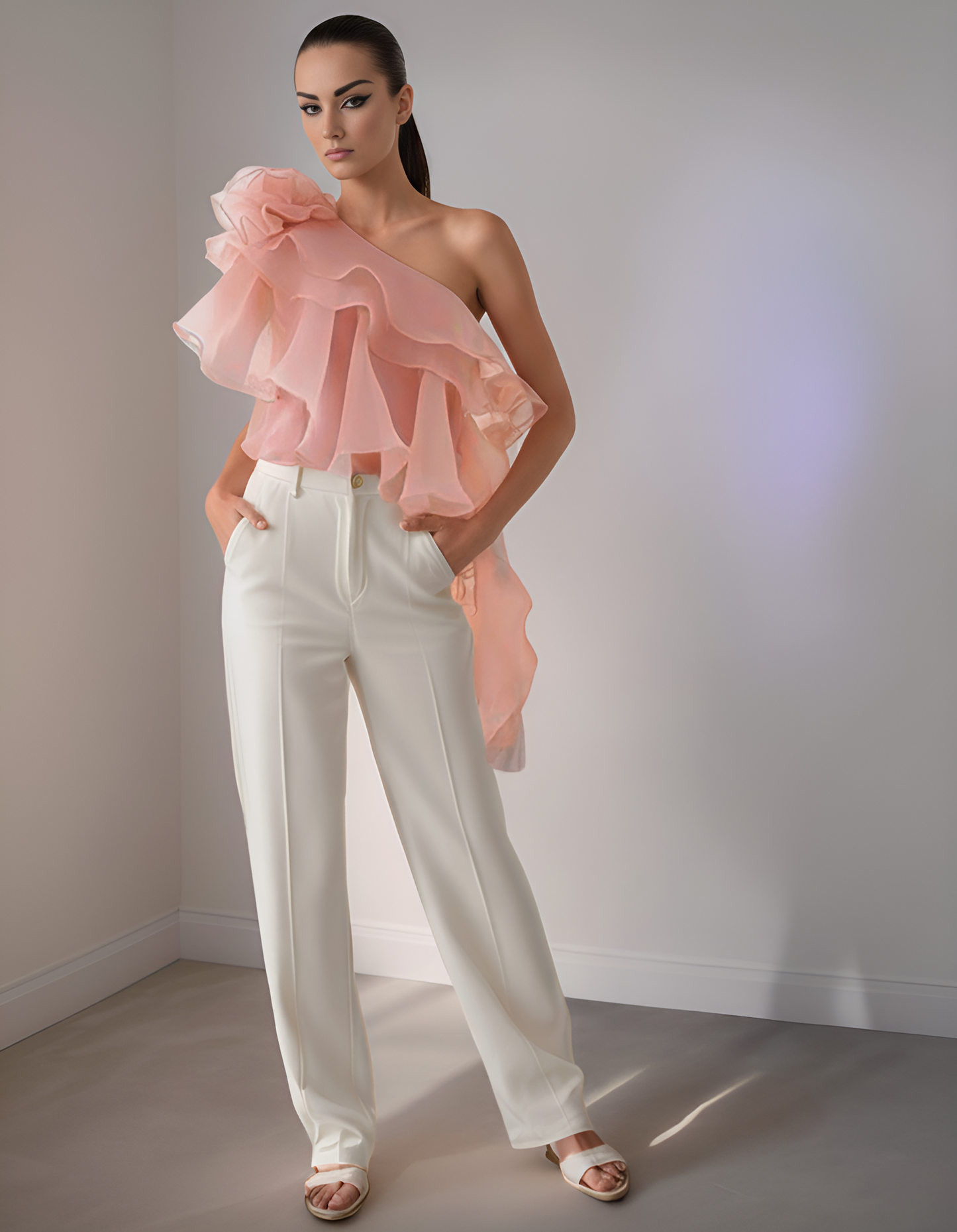 Woman wearing a pink ruffled top and white pants against a plain background