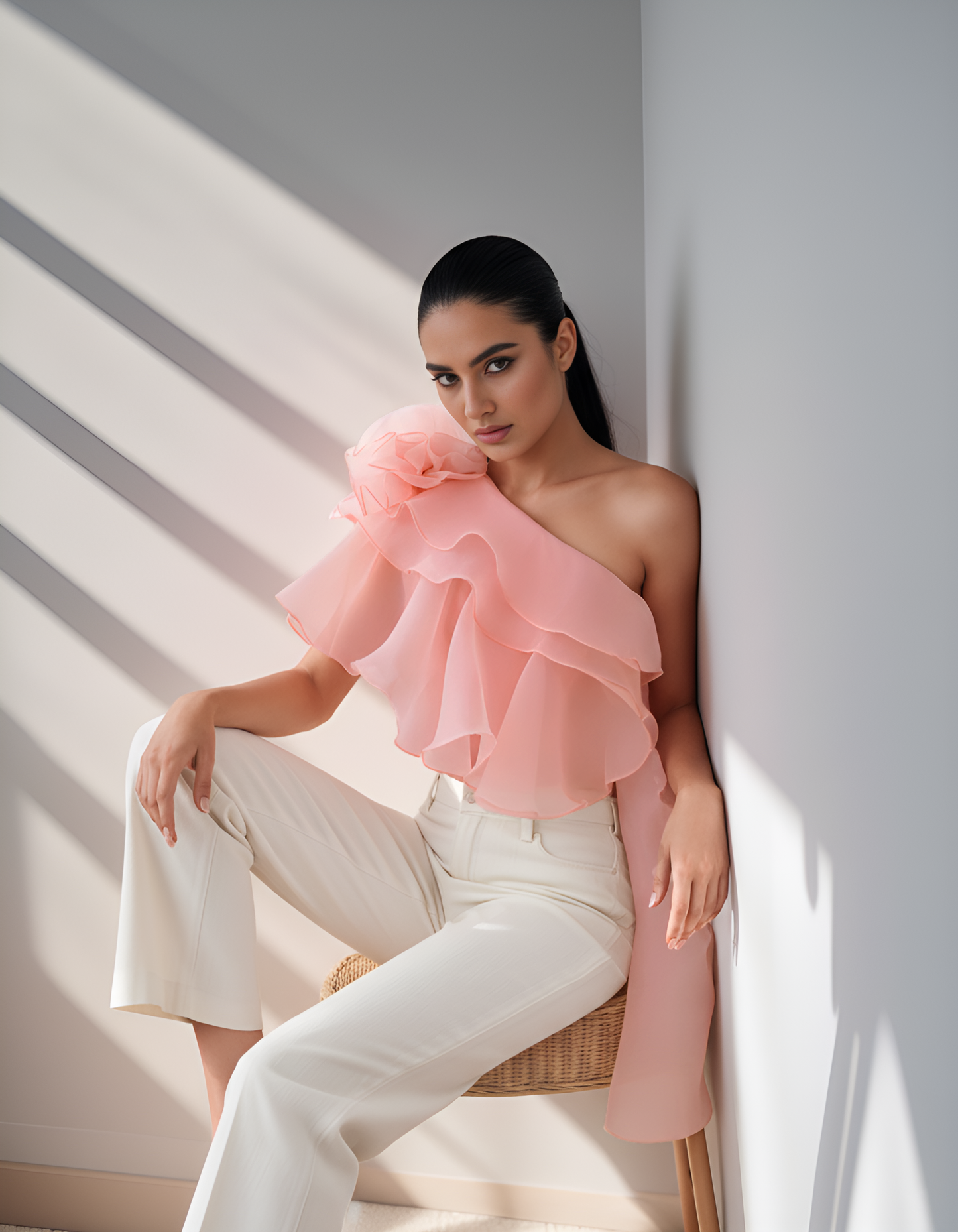 Woman wearing a pink one-shoulder ruffled top and white pants, sitting against a white wall with sunlight casting shadows.