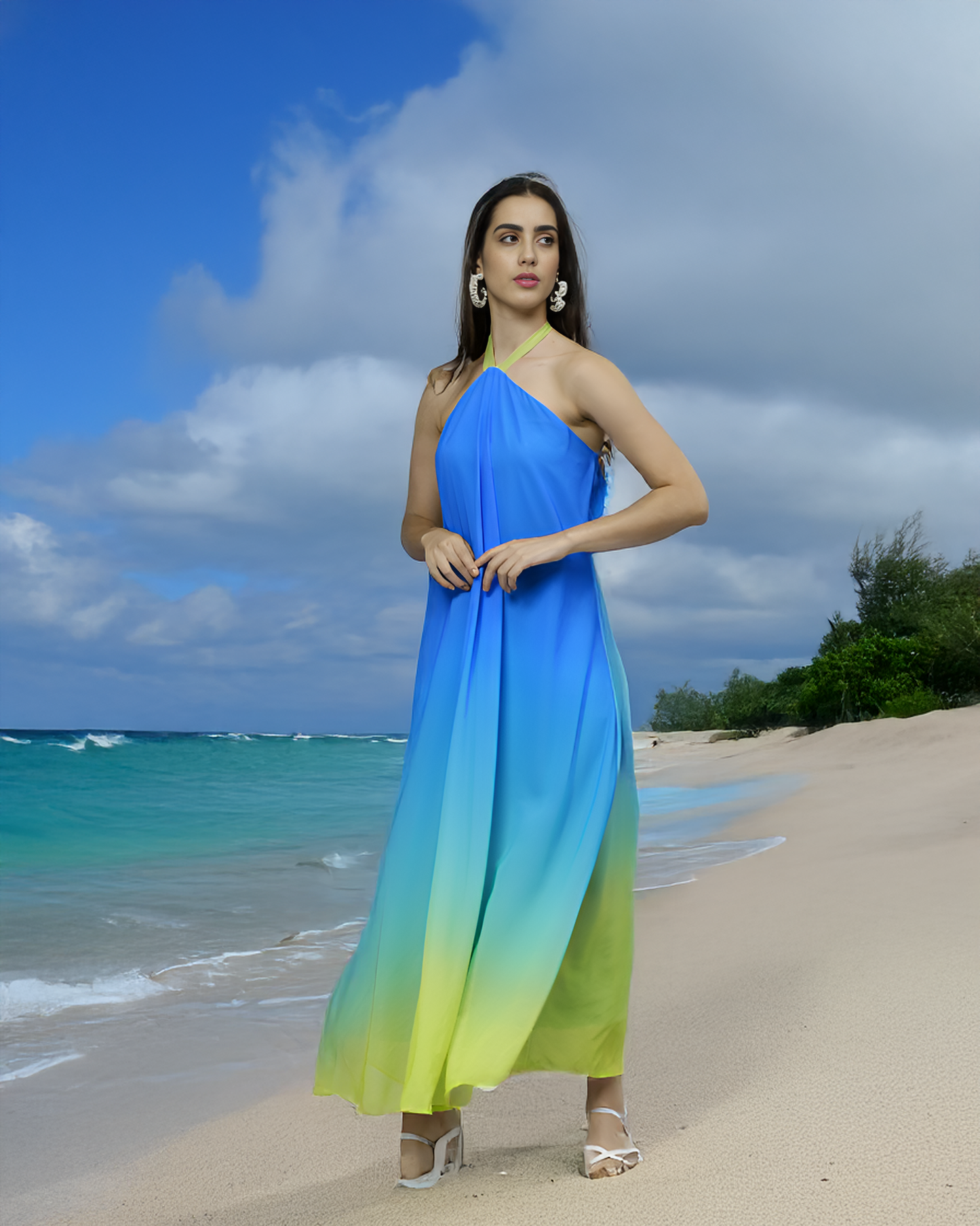 Blue Yellow Ombre Halter Gown
