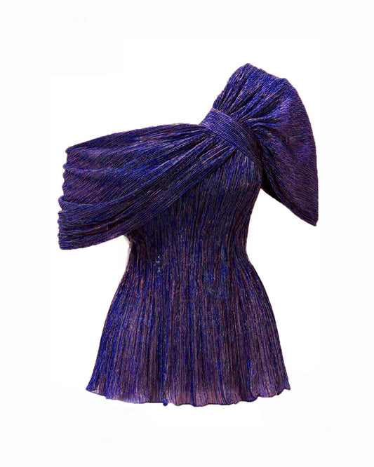 A purple, one-shoulder, crushed fabric top with a distinctive metallic sheen.